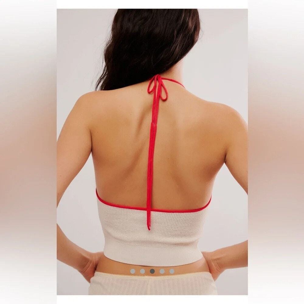 Free People Out And About Solid Halter Top Tofu Combo Cream and Red Size S - Picture 3 of 10